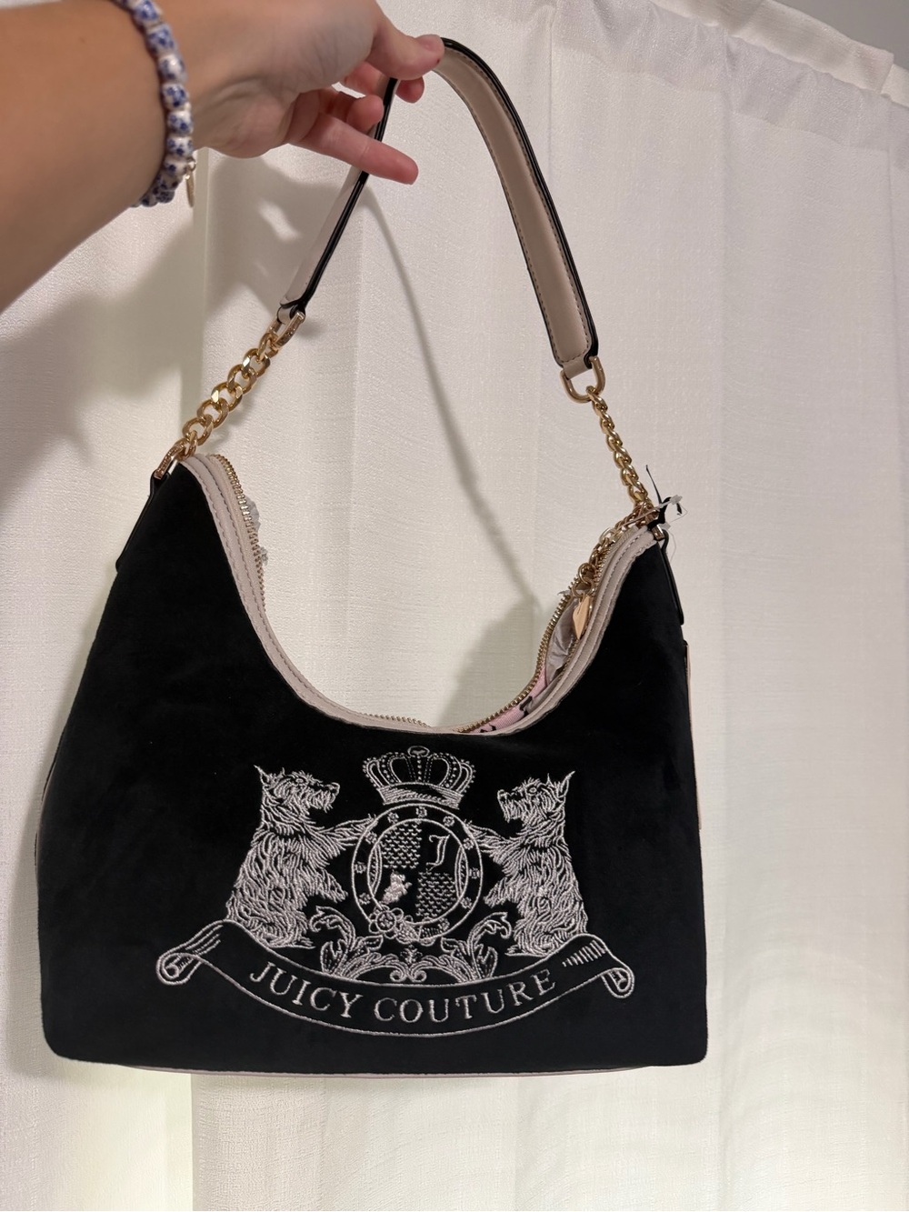 Juicy Couture Black Velvet Shoulder Bag with Gold Chain